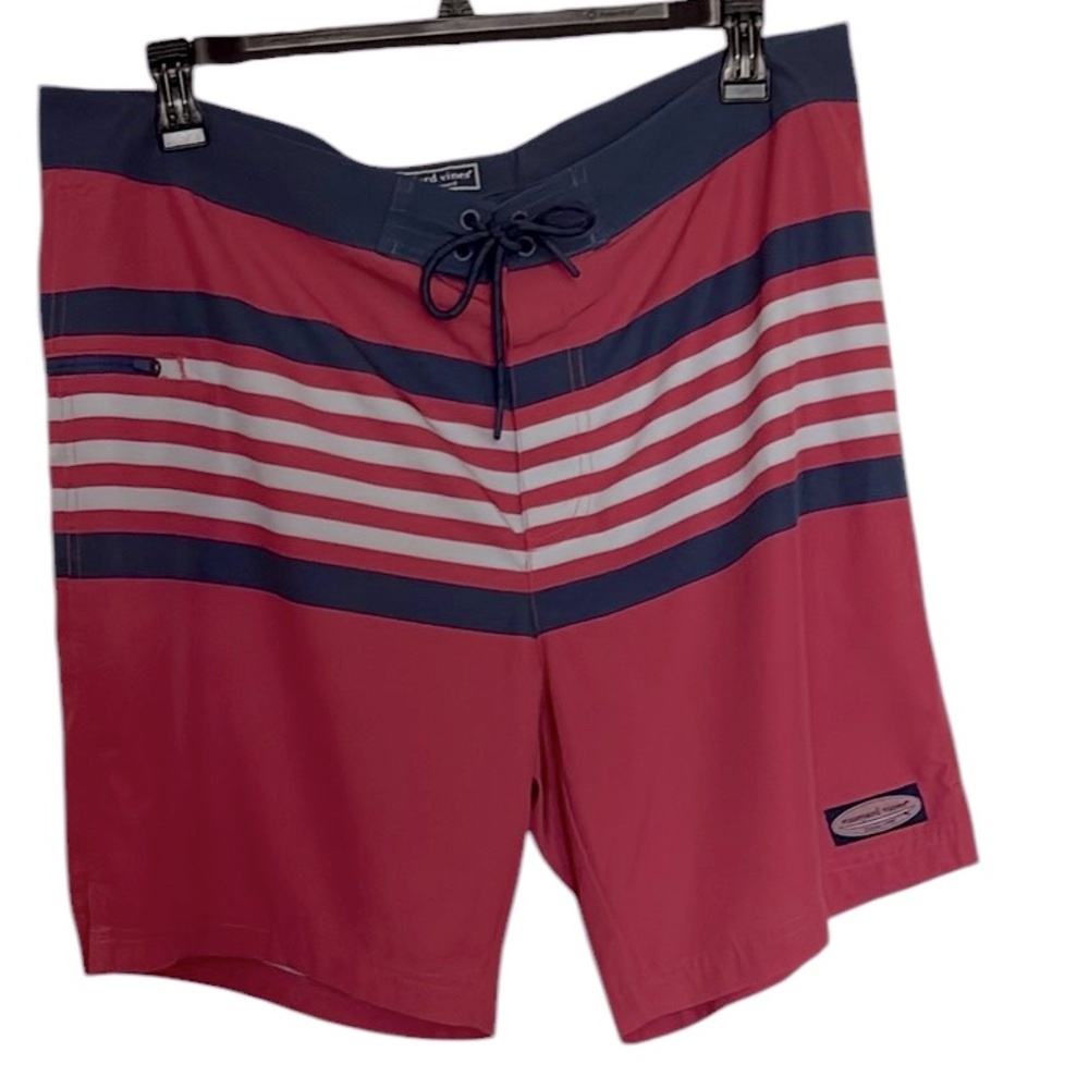 Vineyard Vines Swim/Board Shorts/Trunks Performance, Coral and blue stripe , 38